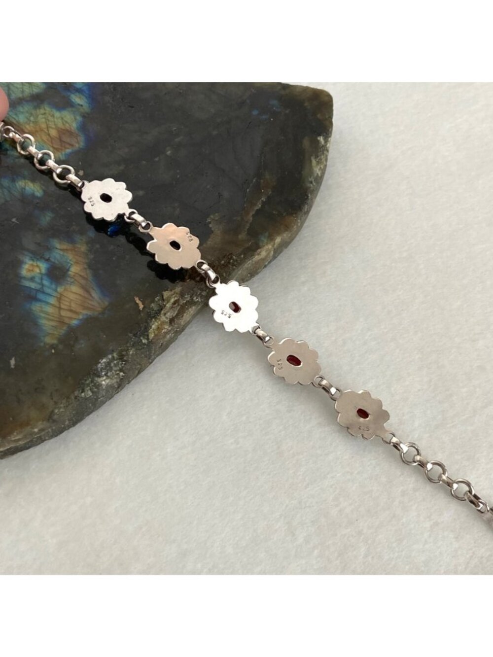 Sterling Silver 925 Garnet Cabochon Flower Floral Link Bracelet 7" - Picture 14 of 16